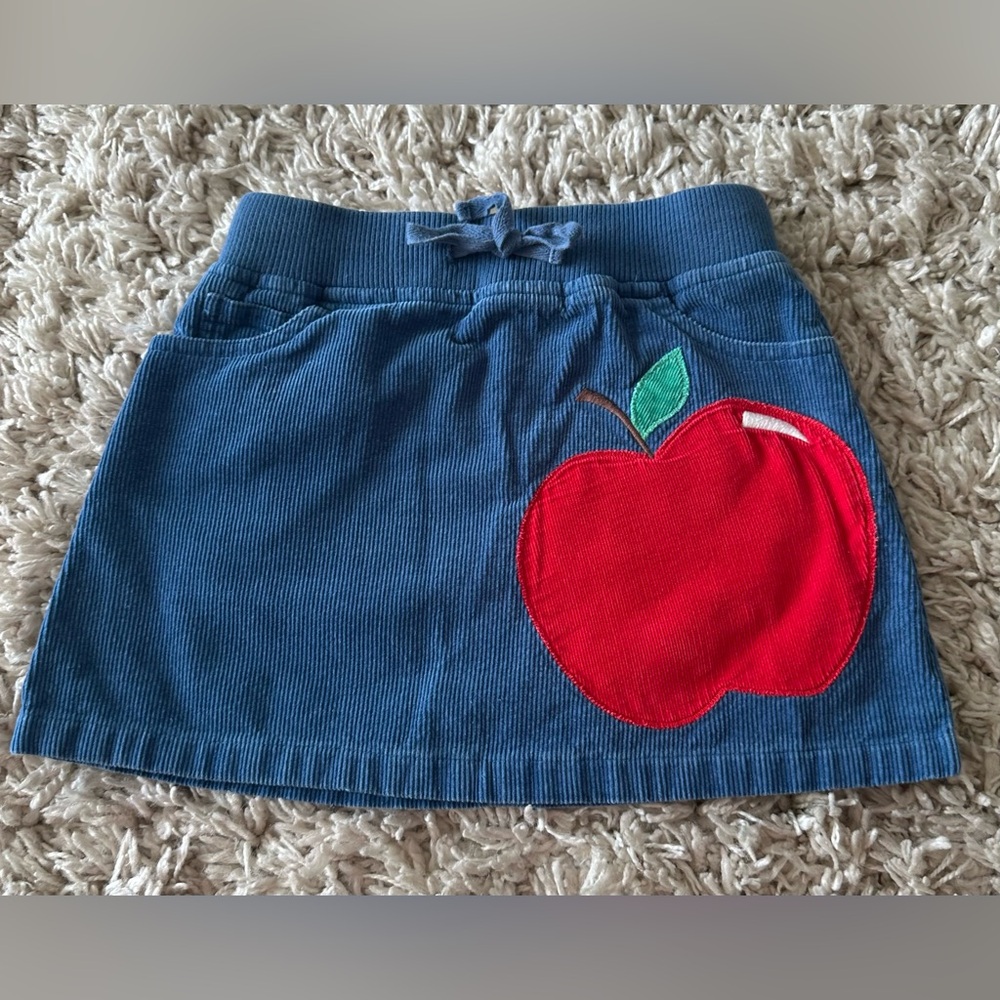 Boden Blue Skirt with Red Apple Design